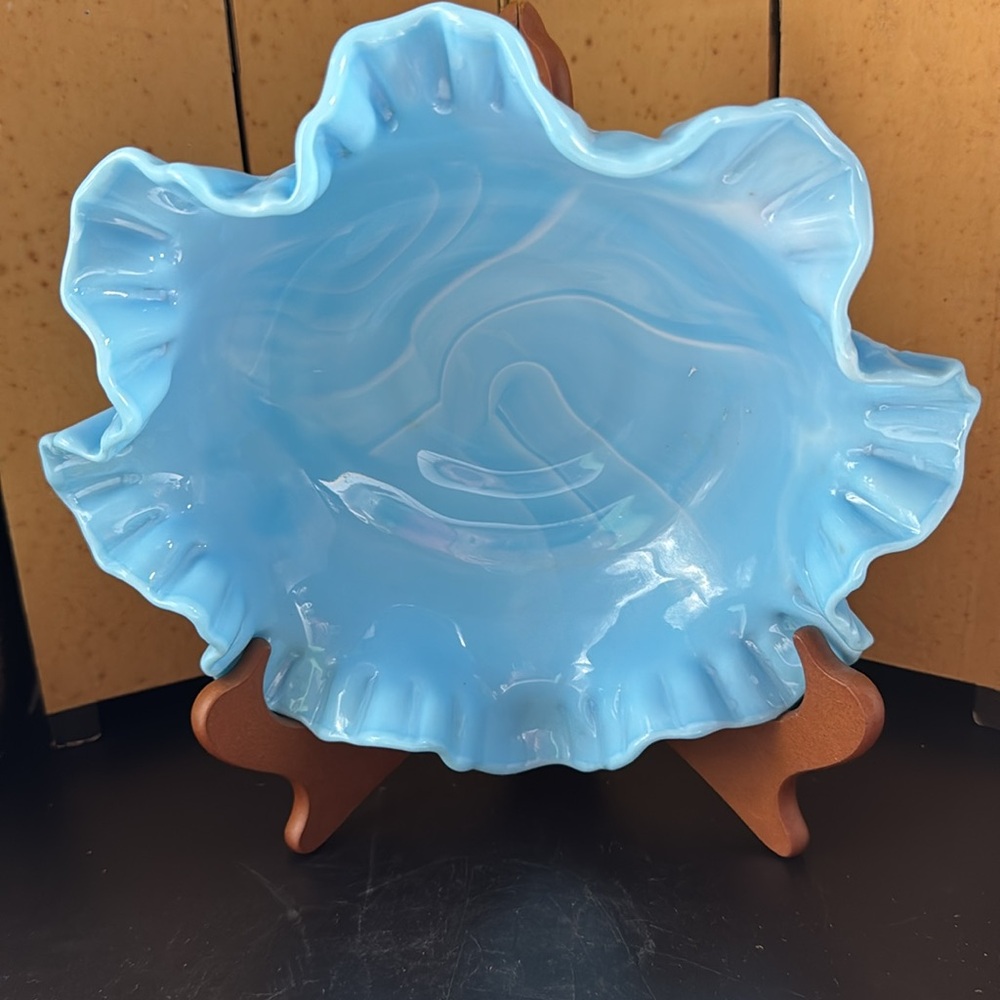 Vintage Fenton Blue Cabbage Rose Slag Glass  Bowl with Ruffled Edge - Picture 2 of 5